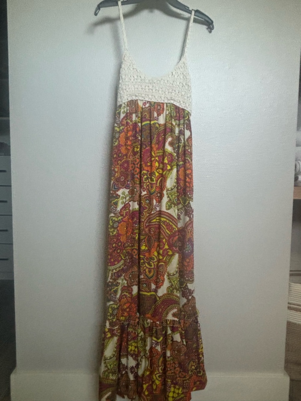 Torn by Ronny Kobo Cream Crochet Bodice Paisley Maxi Dress